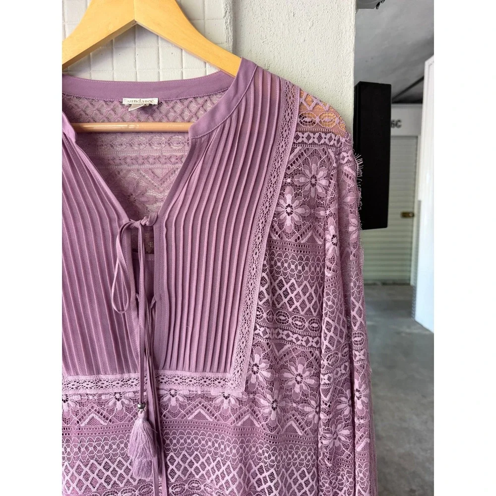 Sundance Lace Mini Dress S Purple Boho Pleated Tassel Ruffle Flounce Hem